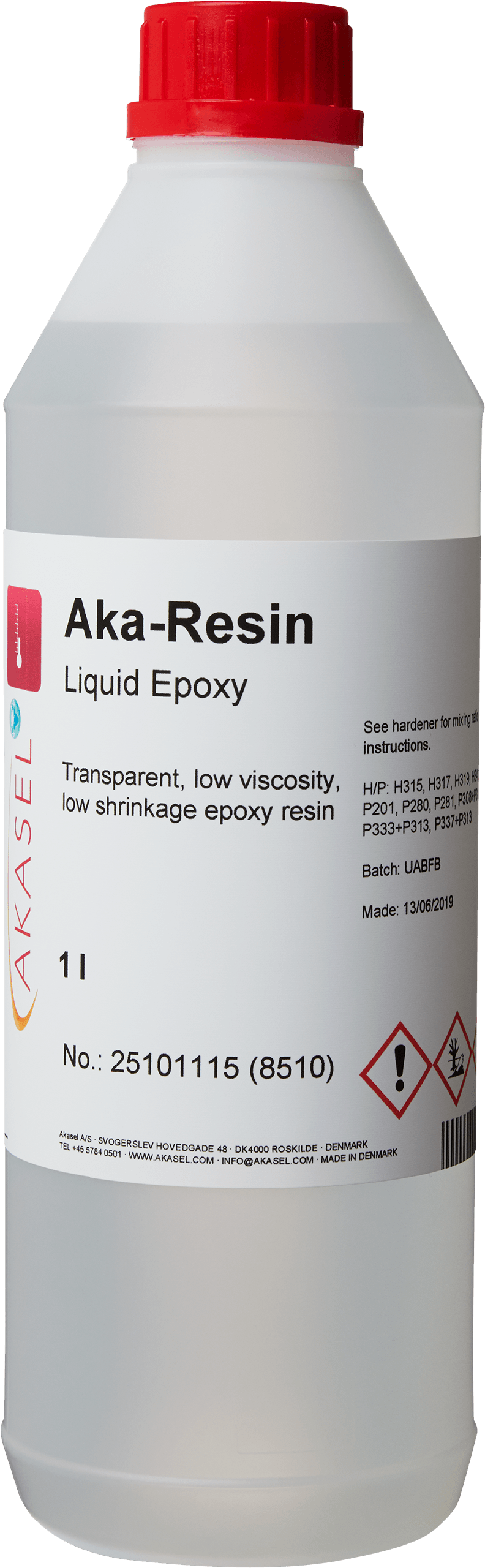 A 1-liter bottle of transparent epoxy resin with a red cap. The label reads “Aka-Resin Liquid Epoxy,” “Transparent, low viscosity, low shrinkage epoxy resin,” along with detailed mixing instructions and safety information. The item number 25101115 (8510) and production date are also included. Specially developed for metallographic applications, perfect for producing precise and durable sample mounts for analysis.