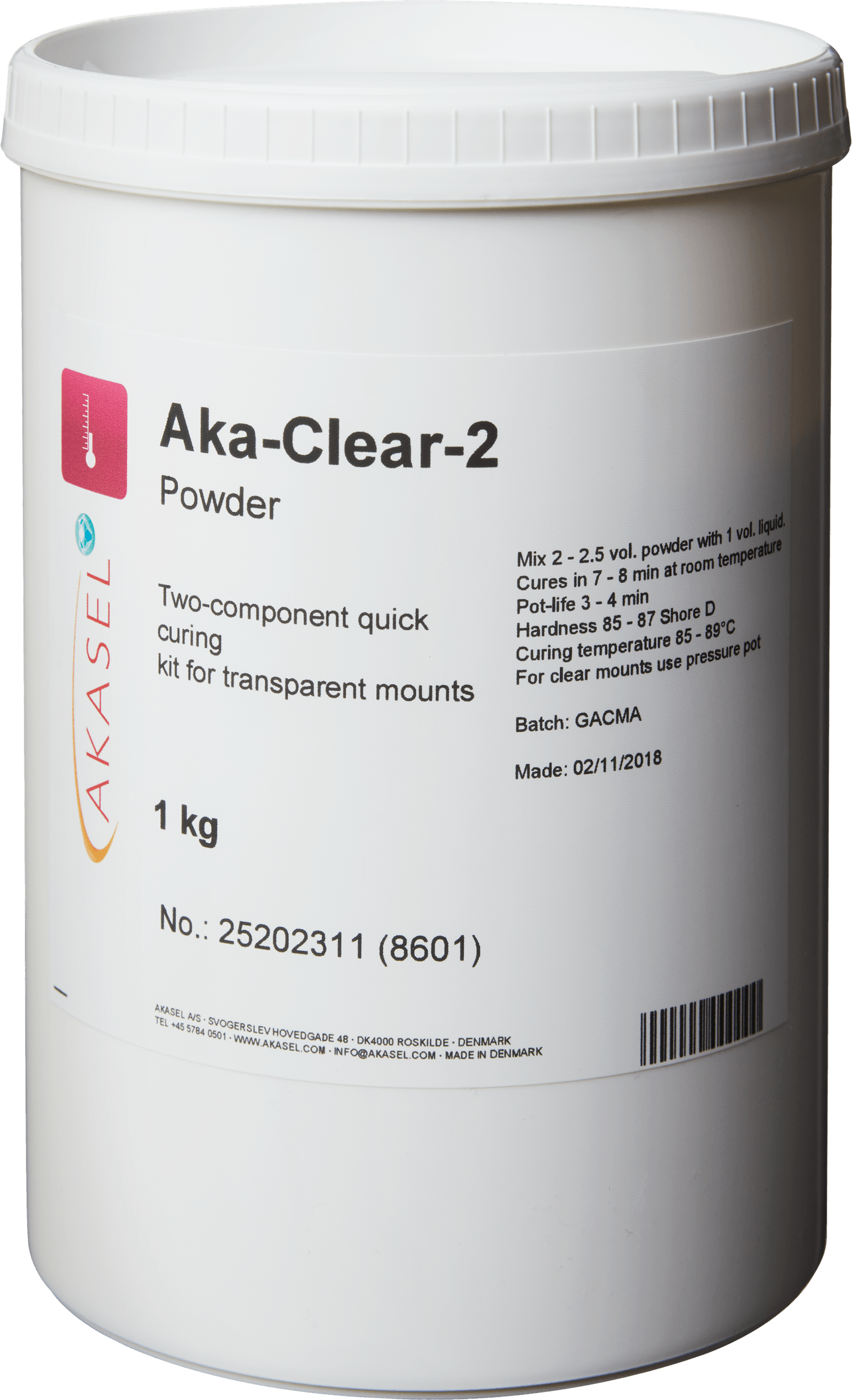 Akasel Aka-Clear-2 Powder: White plastic container with black print. The label displays the Akasel logo and product description "Aka-Clear-2 Powder." Information includes: "Two-component quick curing kit for transparent mounts," "1 kg," along with detailed mixing instructions (e.g., "Mix 2 – 2.5 vol. powder with 1 vol. liquid"), curing times ("Cures in 7 – 8 min at room temperature"), and specific hardness details ("Hardness 85 – 87 Shore D"). Additional details include the batch number, manufacturing date, and safety and usage instructions. Specially developed for metallographic applications, perfect for producing transparent mounts for accurate analysis and sample preparation.