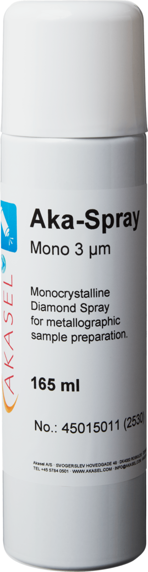 Akasel Aka-Spray Mono 3 µm – Monocrystalline diamond spray in a 165 ml bottle for fine polishing applications with reliable results.