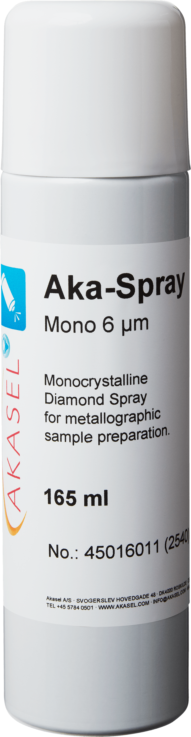 Akasel Aka-Spray Mono 6 µm – Monocrystalline diamond spray in a 165 ml bottle for versatile metallographic polishing processes.