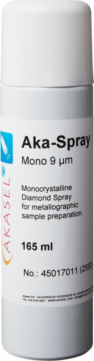 Akasel Aka-Spray Mono 9 µm – Premium monocrystalline diamond spray in a 165 ml bottle, designed for accurate polishing and consistent results.