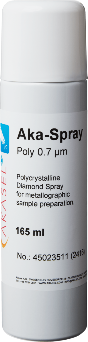 Akasel Aka-Spray Poly 0.7 µm – Polycrystalline diamond spray designed for superior material removal rate. Offered in a 165 ml bottle.