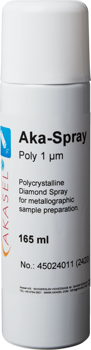 Akasel Aka-Spray Poly 1 µm – Precision diamond spray containing polycrystalline diamonds, delivered in a 165 ml bottle. Ideal for water-sensitive materials.