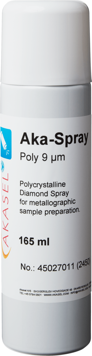 Akasel Aka-Spray Poly 9 µm – Polycrystalline diamond spray in a practical 165 ml bottle. Ideal for accurate polishing applications with low water content, suitable for delicate materials.