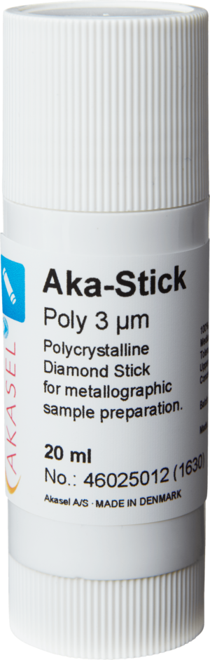 Akasel Aka-Stick Poly 3 µm – Polycrystalline diamond stick, 20 ml, optimized for metallographic preparation. Ideal for consistent material removal and polishing cloth conditioning.