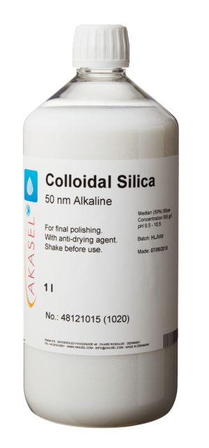 Akasel's Colloidal Silica Suspension 50 nm Alkaline, 1-liter bottle with a white cap for final polishing of metallographic samples.