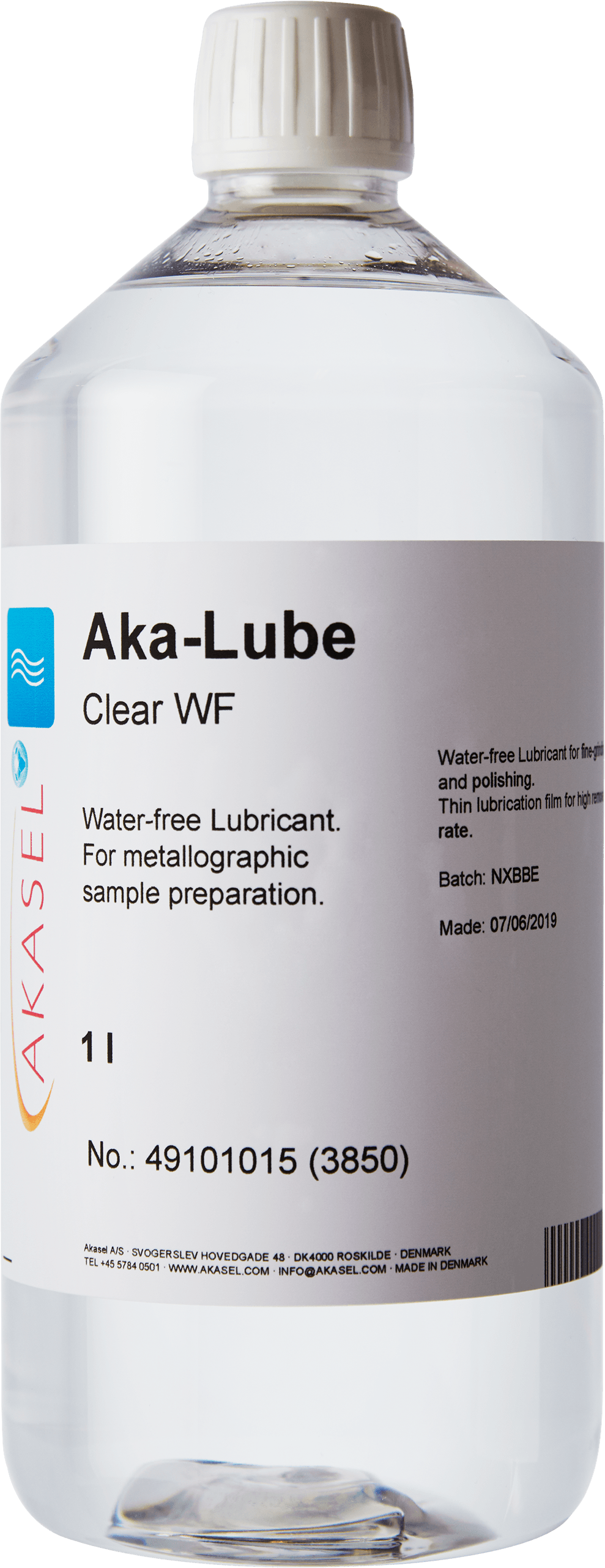 Akasel Aka-Lube Clear WF in a clear 1-litre bottle, a colorless lubricant for metallographic preparation. Perfect for fine grinding and polishing without water.