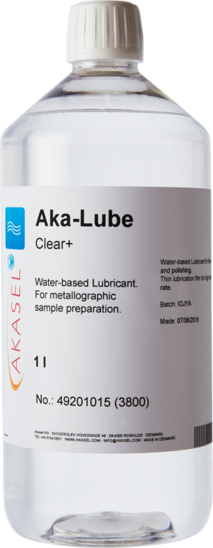 Akasel Aka-Lube Clear+ in a clear 1-liter bottle, water-based lubricant for fine grinding and polishing with a thin lubrication film thickness.