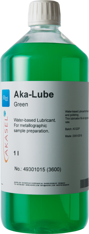 Akasel Aka-Lube Green, a water-based lubricant in a clear 1-liter bottle with a bright green liquid. Designed for high material removal rates and uniform metallographic grinding processes.