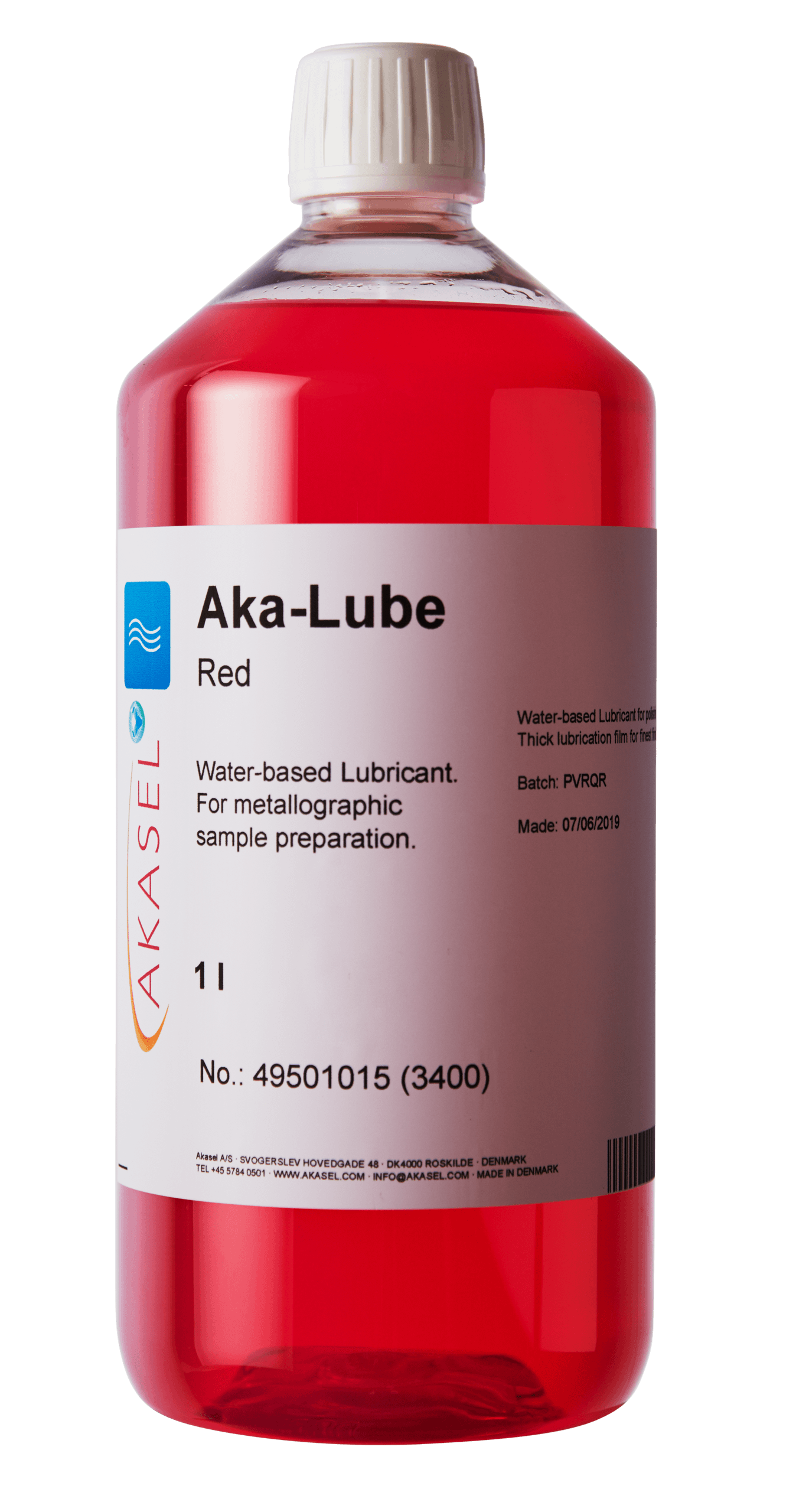 Akasel Aka-Lube Red, a water-based lubricant in a clear 1-liter bottle with a vivid red liquid. Provides uniform lubrication for metallographic polishing applications.