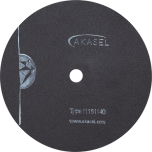 Akasel Precision Cutting Wheel Aka-Cut 700 HV, 150 mm in diameter and 0.5 mm thick, displayed in a dark colour with the Akasel logo, type number "11151140," and website link "www.akasel.com." Specially designed for metallographic applications, perfect for precise cutting of soft and hard steels with a hardness range of 150–700 HV (40 HRC).