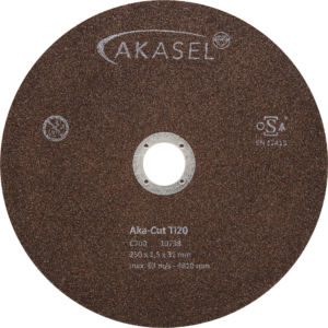 Akasel Cutting Wheel Aka-Cut Ti20, 250 mm, brown-coloured with a metallic central hole. The surface features the product name "Aka-Cut Ti20," dimensions "250 x 1.5 x 32 mm," and technical details such as "max. 63 m/s, 4810 rpm." Specially designed for metallographic applications, perfect for precise cutting of titanium and titanium alloys.