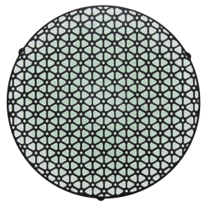 Akasel Aka-Largan 9, rigid fine grinding disc with a bold black-and-green hexagonal pattern. The disc showcases a green surface with a contrasting black mesh design. With a diameter of 250 mm, it is specially designed for metallographic fine grinding processes with grit sizes of 9 – 3 µm, perfect for materials with a hardness below 150 HV.