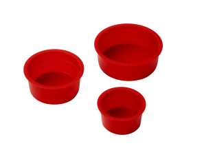Akasel Protection Caps in bright red, displayed in three different sizes: 30 mm, 40 mm, and 50 mm. The round caps are open and made of flexible material, specially designed for metallographic applications to safeguard sample surfaces after preparation. Perfect for avoiding scratches and damage during storage.