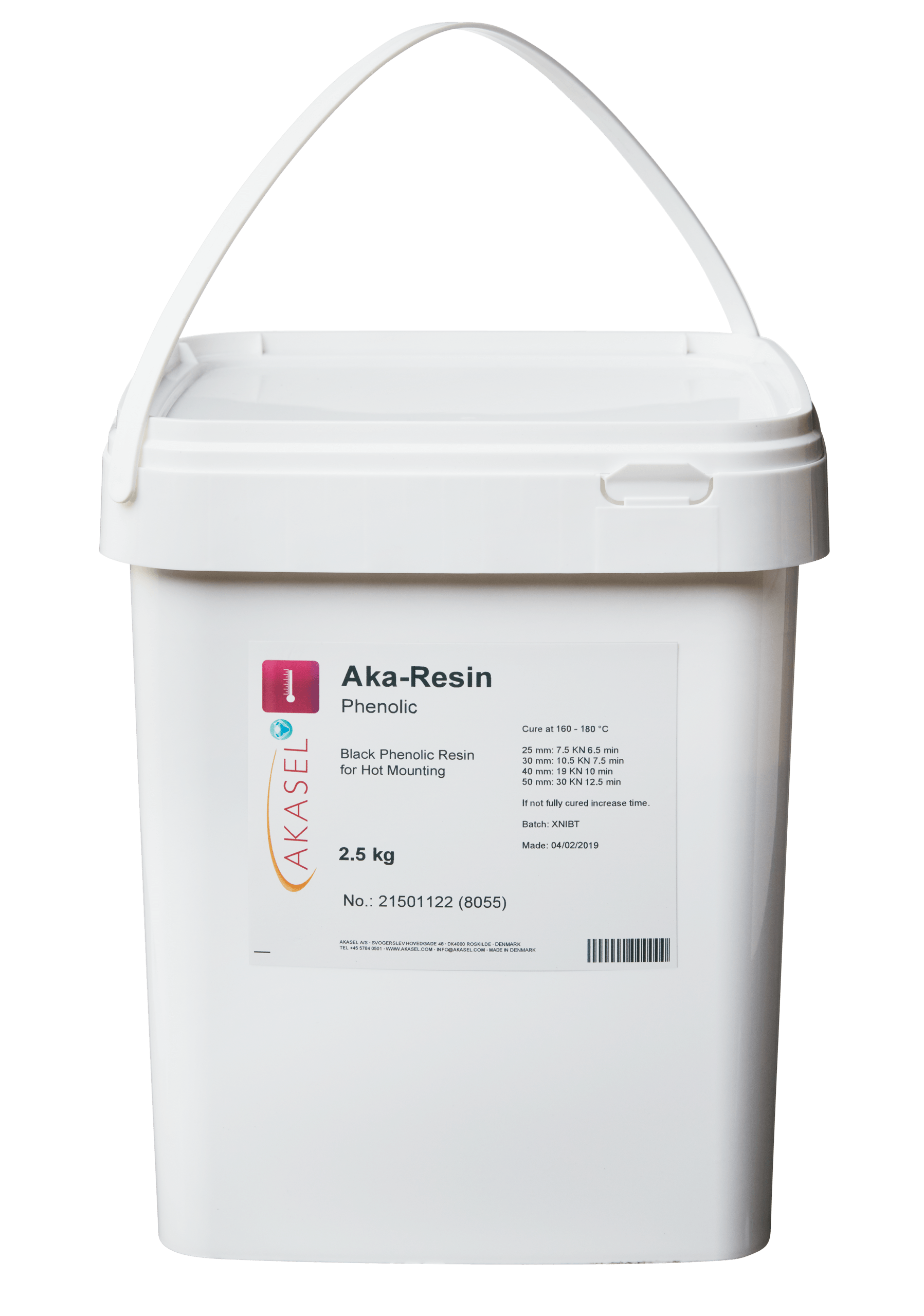 Akasel Aka-Resin Phenolic, black phenolic resin in a white plastic container with a handle. The label features the product name "Aka-Resin Phenolic," "Black Phenolic Resin for Hot Mounting," weight 2.5 kg, Item No. 21501122 (8055), and curing instructions at 160–180 °C. Additional text outlines curing times and parameters for samples with diameters ranging from 25 mm to 50 mm. Specially developed for metallographic applications to prepare samples for further analysis.
