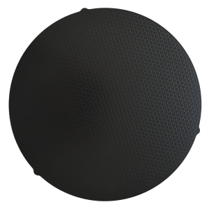 Product image of a round, black steel disc with a textured 3D polymer coating. The surface displays a geometric pattern evenly spread across the entire surface. The image emphasizes the durable coating intended for repeated use, ideal for adapting self-adhesive cloths and grinding discs to magnetic backing plates.