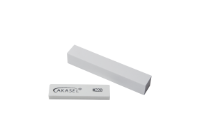 Akasel Dressing Sticks – Big & Small: Two white dressing stones placed on a flat surface. The smaller stone features the Akasel logo and the text "#220". Dimensions are 10 x 25 x 100 mm for the smaller stone and 25 x 25 x 150 mm for the larger one. Designed for metallographic applications, ideal for dressing Aka-Piatto, Aka-Piatto+, Aka-Allegran, and Aka-Largan, and for restoring the flatness of magnetic discs.