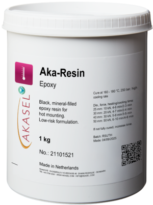 Akasel Aka-Resin Epoxy: White plastic container with black lettering for mineral-filled epoxy resin used in hot mounting. The label features the Akasel logo and product details: "Aka-Resin Epoxy," "Black Mineral filled Epoxy Resin for Hot Mounting," "1 kg," along with technical specifications such as curing conditions: "Cure at 160 – 180 ℃," and diameter and force details (e.g., 25 mm: 10 kN). A red hazard triangle highlights warning notices. Specifically designed for metallographic applications, ideal for precise and stable sample embedding.