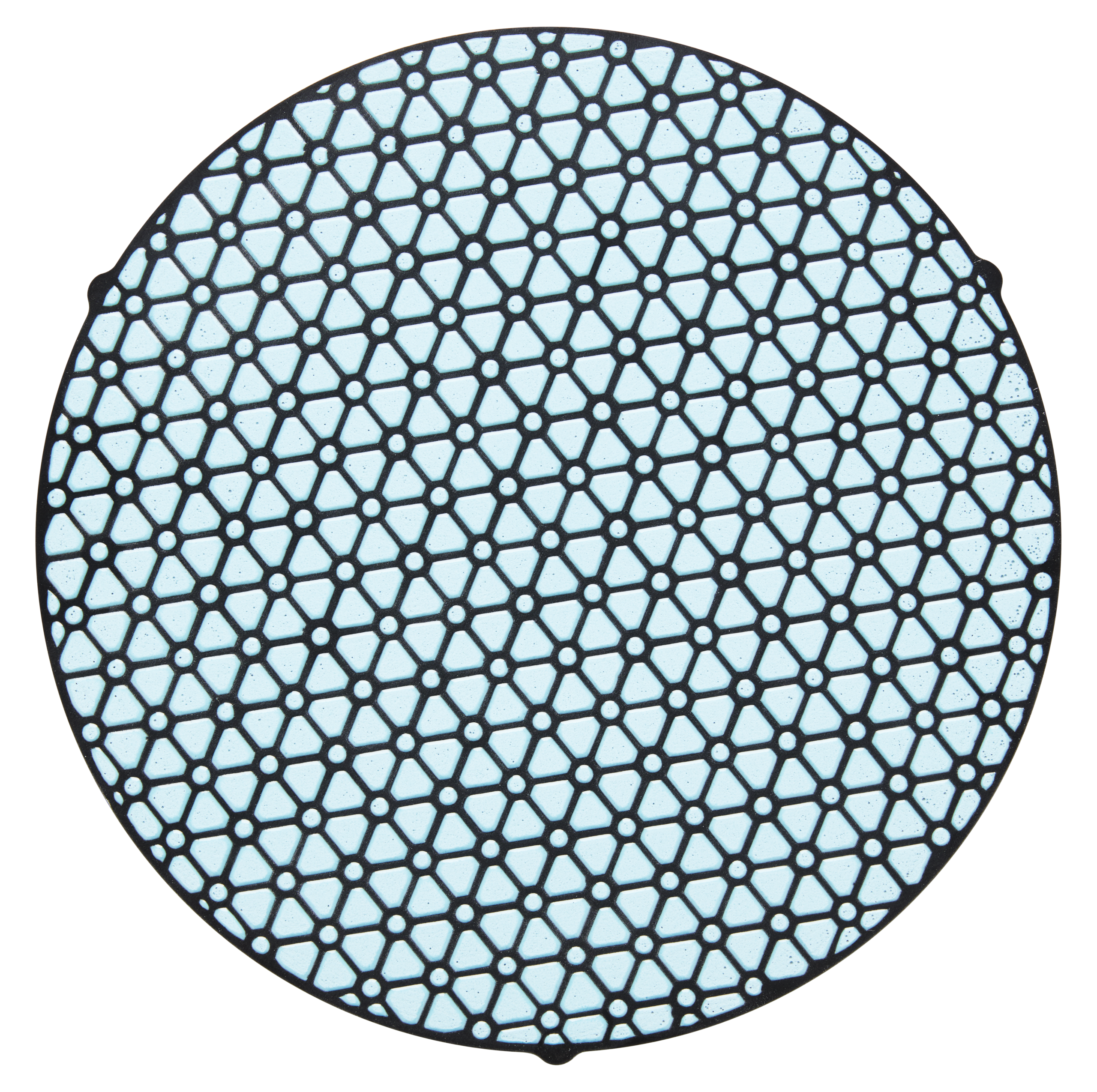 Aka-Allegran 3 Akasel Aka-Allegran 3, rigid fine grinding disc with a striking black-and-blue hexagonal pattern. The disc features a light blue base with a contrasting black mesh design. Measuring 250 mm in diameter, it is specifically designed for metallographic fine grinding processes in the range of 9 – 3 µm.