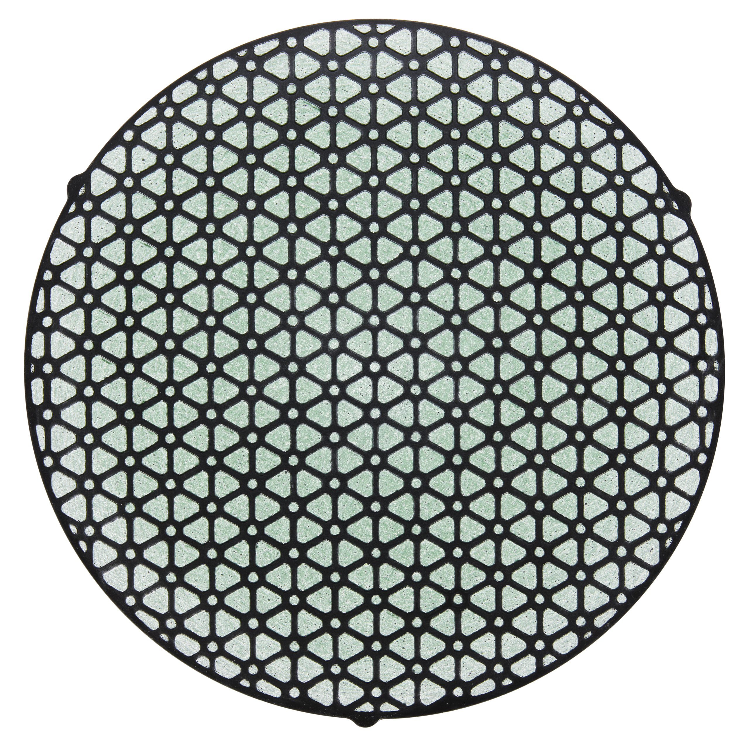 Aka-Largan 9 Akasel Aka-Largan 9, rigid fine grinding disc with a striking black-and-green hexagonal pattern. The disc features a green surface with a contrasting black mesh design. Measuring 250 mm in diameter, it is specifically designed for metallographic fine grinding processes with grit sizes of 9 – 3 µm, ideal for materials with a hardness below 150 HV.