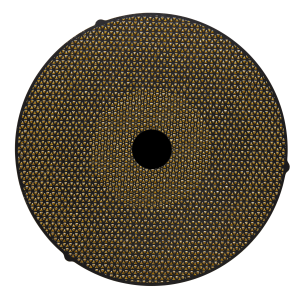 Akasel Aka-Piatto 120 grinding disc, gold-coloured with a wear-optimised design. Increased density at the centre and edges ensures uniform wear and extended durability. Measuring 250 mm in diameter, it is specifically designed for metallographic plane grinding at 125 µm, ideal for samples with a hardness of 150 HV – 1000 HV.