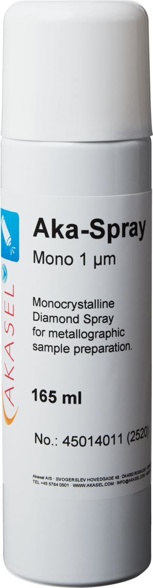 Présentation du produit Aka-Spray Mono 1 µm - un spray diamanté monocristallin pour la préparation de monstres métallographiques. La bombe porte le numéro de produit 45014011 et contient une concentration de diamant de 26,5 ct/l, 100 % de diamants monocristallins avec un diamètre de 1 µm, une tolérance de 0,95-1,05 µm et un rendement de 99 % à 1,7 µm. Il est recommandé d'utiliser une couche de diamant très fine pour obtenir une grande résistance à la corrosion des matériaux ; il s'agit d'un bon produit à utiliser.