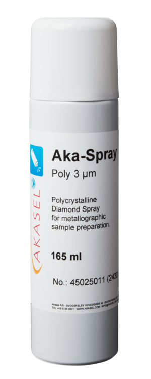 Akasel Aka-Spray Poly 3 µm - Spray de diamant polycristallin dans un flacon pratique de 165 ml. Parfait pour les tâches de polissage précises avec une teneur en eau minimale, idéal pour les matériaux sensibles.