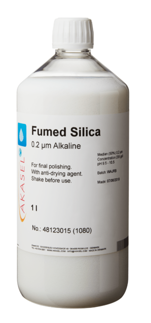 Akasel's Fumed Silica Suspension 0.2 µm Alkaline, bouteille de 1 litre avec un bouchon blanc pour le polissage final des échantillons métallographiques.