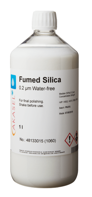 Akasel Fumed Silica Suspension 0.2 µm WF - Liquide sans eau en bouteille de 1 litre, développé pour les processus de polissage métallographique fin. Parfait pour les matériaux sensibles à l'humidité.