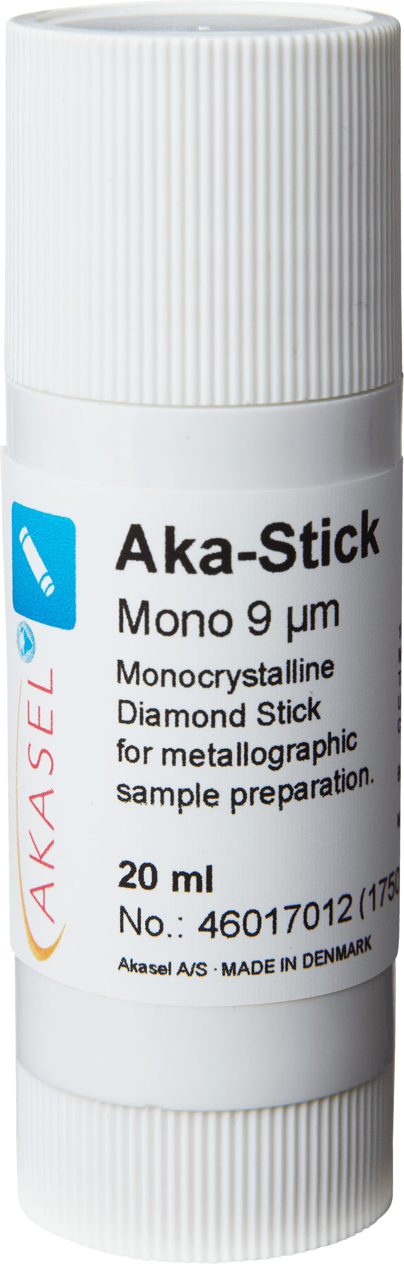 Akasel Aka-Stick Mono 9 µm – Monokristallijne diamantstick, 20 ml, met een concentratie van 250 ct/l. Perfect voor de preparatie van metallografische monsters en korte polijsttijden.