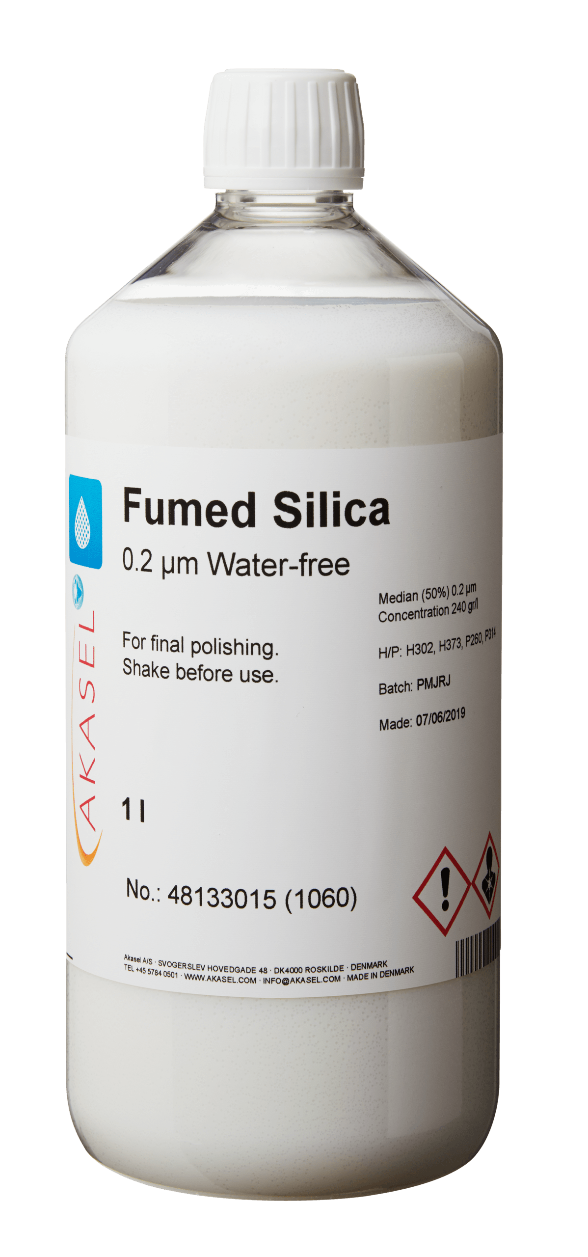 Akasel Fumed Silica Suspension 0,2 µm WF – Een watervrije vloeistof in een fles van 1 liter, ontwikkeld voor fijn metallografisch polijsten. Perfect voor vochtgevoelige materialen.