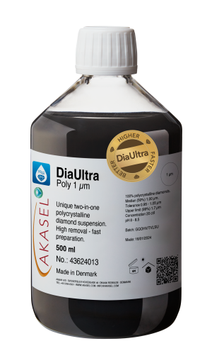 Image of DiaUltra Poly 1 µm, Akasel's premium 100% polycrystalline diamond suspension for metallographic polishing, featuring a white cap on a 500ml bottle and a detailed label indicating its concentration, particle size, median, tolerance, upper limit, and pH. Unique 2-in-1 diamond suspension.